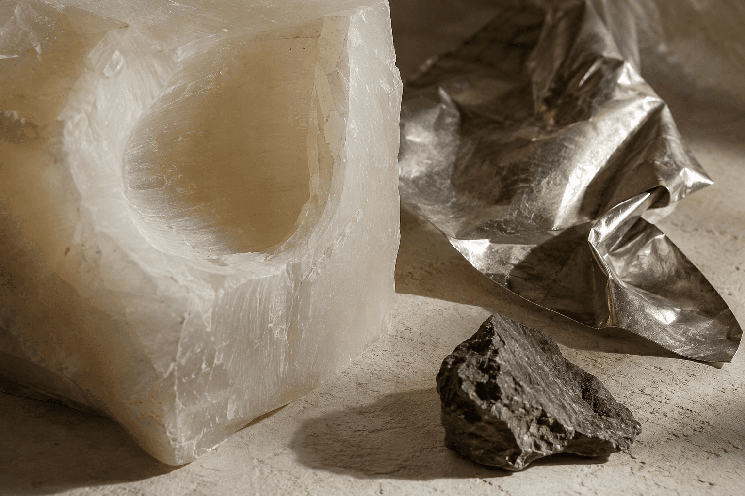 An artistic material study of wax, reflective metal and rough stone